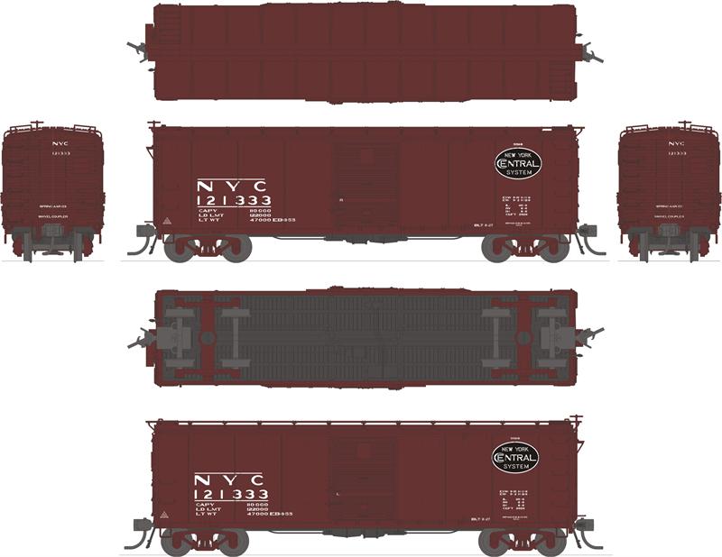 1760 NYC Steel Box Car, #121333, with Dreadnaught ends, post-1955 Extended Gothic lettering, HO